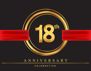 18th anniversary design logotype golden color with ring and red ribbon for anniversary celebration, elegant design.