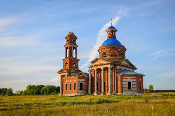 Abandoned church in the Kuzminki tract at sunset