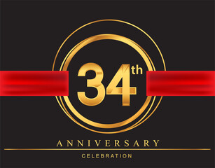 34th anniversary design logotype golden color with ring and red ribbon for anniversary celebration, elegant design.