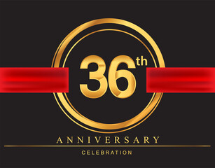36th anniversary design logotype golden color with ring and red ribbon for anniversary celebration, elegant design.