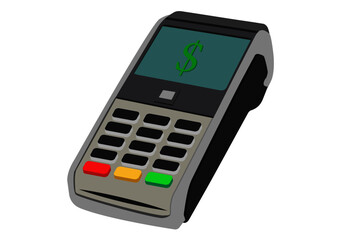 Pos payment machine isolated on white background. This machine also equipped with payment via contactless debit card