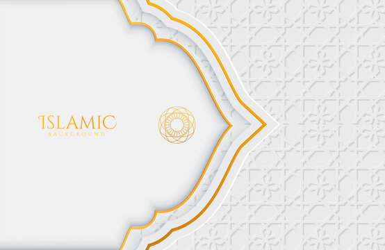 Elegant Islamic white and golden luxury background with decorative patterns for Eid Mubarak celebration or greeting card