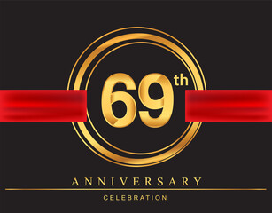 69th anniversary design logotype golden color with ring and red ribbon for anniversary celebration, elegant design.