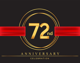 72nd anniversary design logotype golden color with ring and red ribbon for anniversary celebration, elegant design.