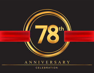 78th anniversary design logotype golden color with ring and red ribbon for anniversary celebration, elegant design.