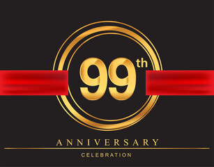 99th anniversary design logotype golden color with ring and red ribbon for anniversary celebration, elegant design.