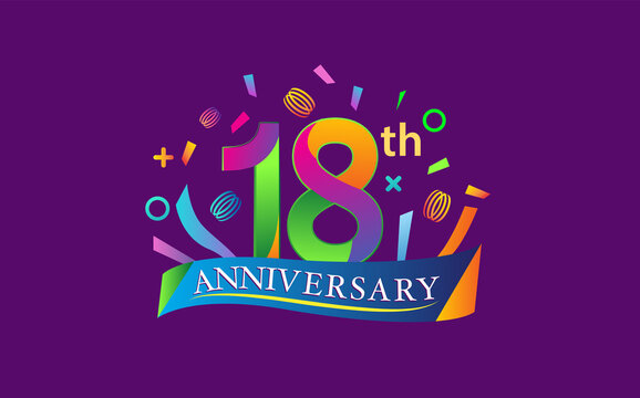 celebration 18th anniversary background with colorful ribbon and confetti. Poster or brochure template. Vector illustration.