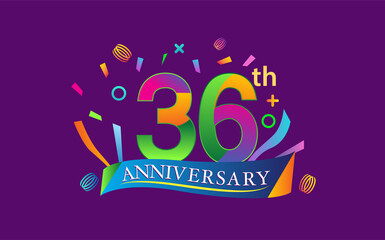 celebration 36th anniversary background with colorful ribbon and confetti. Poster or brochure template. Vector illustration.