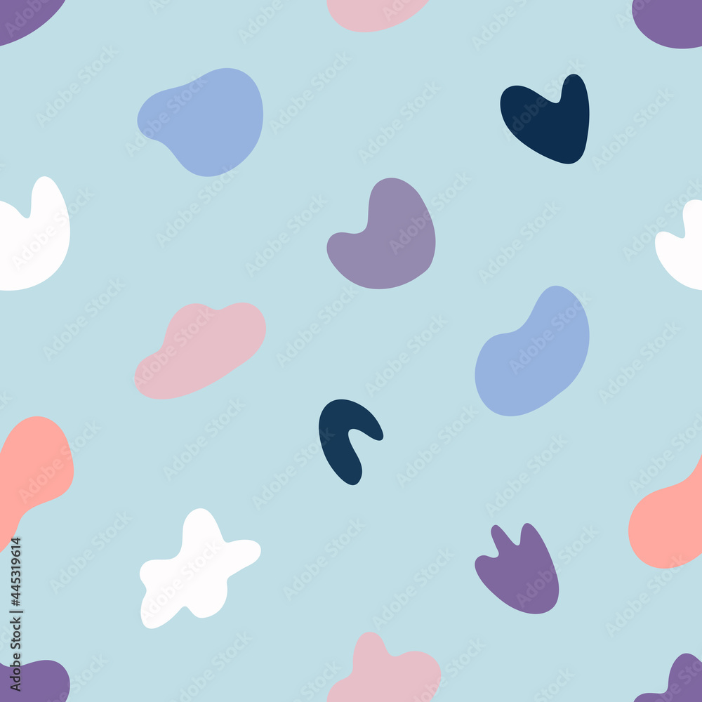 Poster simple seamless pattern with random irregular organic shapes on light blue background. vector backgr