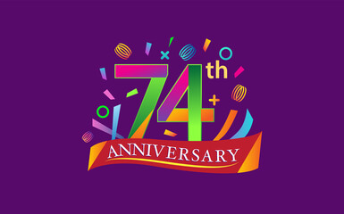 celebration 74th anniversary background with colorful ribbon and confetti. Poster or brochure template. Vector illustration.