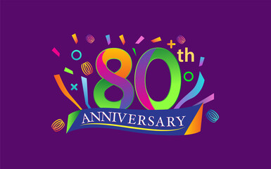 celebration 80th anniversary background with colorful ribbon and confetti. Poster or brochure template. Vector illustration.
