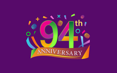 Obraz premium celebration 94th anniversary background with colorful ribbon and confetti. Poster or brochure template. Vector illustration.