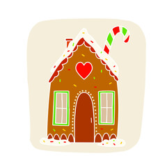 Christmas gingerbread house with windows and a sweet caramel stick. Illustration on a white background.