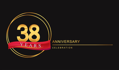 38th years anniversary celebration with golden color and ring, red ribbon for anniversary celebration