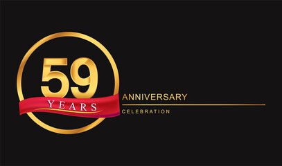 59th years anniversary celebration with golden color and ring, red ribbon for anniversary celebration