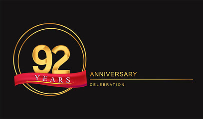 92nd years anniversary celebration with golden color and ring, red ribbon for anniversary celebration