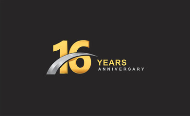 16th years anniversary logo with golden ring and silver swoosh isolated on black background, for birthday and anniversary celebration.