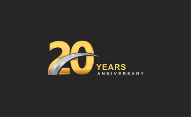 Obraz premium 20th years anniversary logo with golden ring and silver swoosh isolated on black background, for birthday and anniversary celebration.