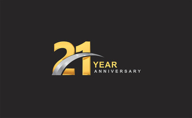 21st years anniversary logo with golden ring and silver swoosh isolated on black background, for birthday and anniversary celebration. - obrazy, fototapety, plakaty