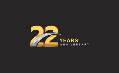 22nd years anniversary logo with golden ring and silver swoosh isolated on black background, for birthday and anniversary celebration.