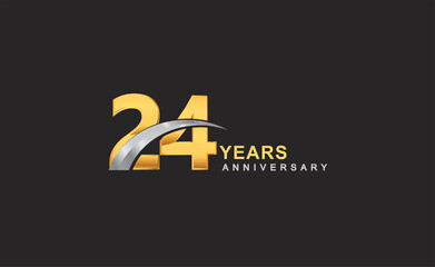 24th years anniversary logo with golden ring and silver swoosh isolated on black background, for birthday and anniversary celebration.