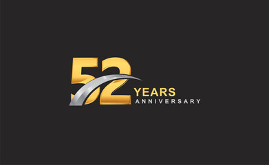 52nd years anniversary logo with golden ring and silver swoosh isolated on black background, for birthday and anniversary celebration.