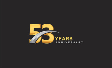 53rd years anniversary logo with golden ring and silver swoosh isolated on black background, for birthday and anniversary celebration.