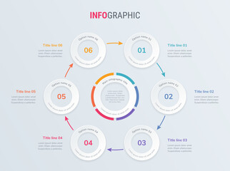 Timeline infographic design vector. 6 steps, rounded workflow layout. Vector infographic timeline template.
