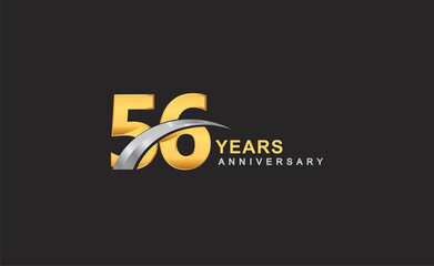 56th years anniversary logo with golden ring and silver swoosh isolated on black background, for birthday and anniversary celebration.