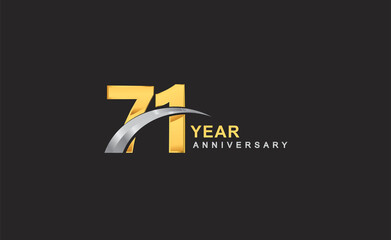 71st years anniversary logo with golden ring and silver swoosh isolated on black background, for birthday and anniversary celebration.