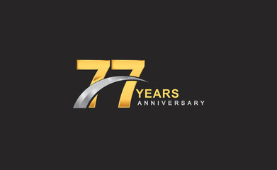 77th years anniversary logo with golden ring and silver swoosh isolated on black background, for birthday and anniversary celebration.