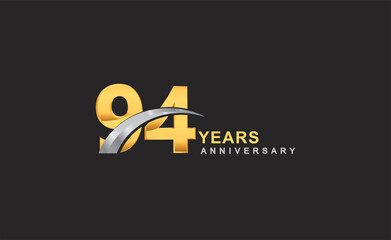 94th years anniversary logo with golden ring and silver swoosh isolated on black background, for birthday and anniversary celebration.