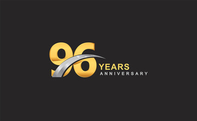 96th years anniversary logo with golden ring and silver swoosh isolated on black background, for birthday and anniversary celebration.