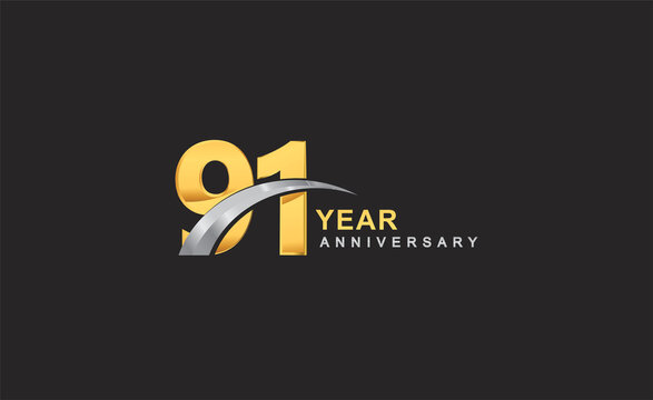 91st years anniversary logo with golden ring and silver swoosh isolated on black background, for birthday and anniversary celebration.