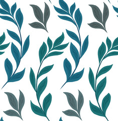 Seamless natural pattern with basil branches on a white background. Texture with hand drawn flat herbs. Fabric with simple branches and leaves. Wallpaper with mint