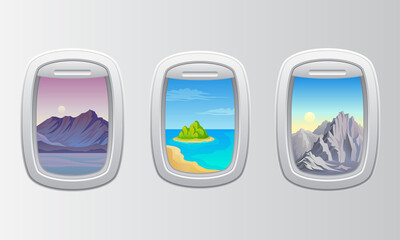 Rounded Airplane Window with Picturesque View Vector Set