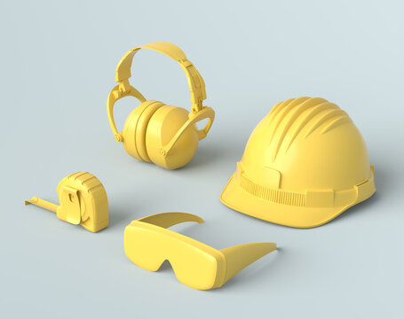 Isometric view of monochrome construction tools for repair on grey and yellow