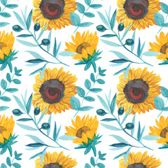 Watercolor seamless pattern with yellow sunflowers and turquoise leaves.Botanical print with flowers on white isolated hand drawn background.Designs for textiles,wrapping paper,packaging,invitations.
