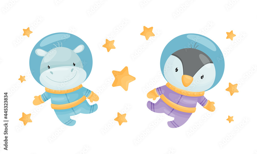 Poster funny animals wearing astronaut costumes or spacesuit floating in space vector set