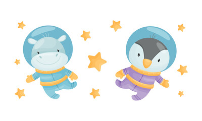 Funny Animals Wearing Astronaut Costumes or Spacesuit Floating in Space Vector Set