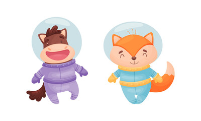 Obraz na płótnie Canvas Funny Animals Wearing Astronaut Costumes or Spacesuit Floating in Space Vector Set