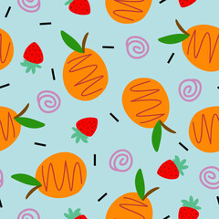 Orange fruit and strawberry vector repeat pattern design