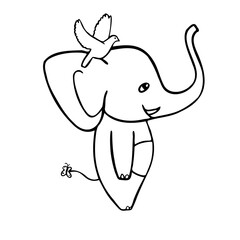 Isolated vector illustration black and white design of a cute cartoon elephant from side view