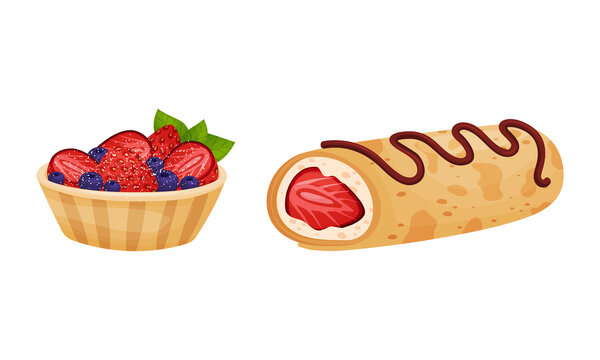 Sweet Pastry with Strawberry as Sugary Dessert and Patisserie Vector Set
