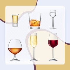 Alcohol drinks in 3d realistic glasses transparent set isolated vector illustration