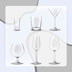 Empty alcohol drinks glassware transparent realistic 3d set isolated vector illustration