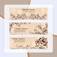 Vintage sepia ornate flourish butterfly horizontal banner set isolated vector illustration