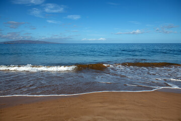 Seaside view of beach, summer vacation background.