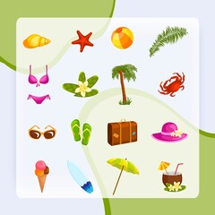 Beach time vacation surf coconut milk holiday paradise weekend bikini party multicolored icons set isolated vector illustration