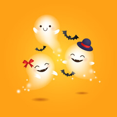 Cute happy ghosts. Happy Halloween. Realistic vector cartoon design